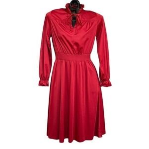 Vintage Red Blouson Smocked Waist Ruffled Cottage Midi Dress